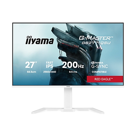 Ein weißer Iiyama-Monitor mit einem schwarzen Rahmen. Der Bildschirm zeigt Grafiken und Produktinformationen, darunter "G-MASTER", "200Hz" und "NVIDIA G-SYNC COMPATIBLE".