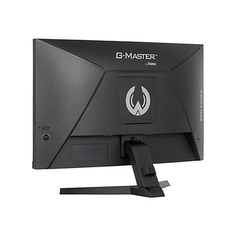 Der schwarze Gaming-Monitor zeigt die Rückseite mit Logos und Anschlüssen. Der Ständer ist auch zu sehen.