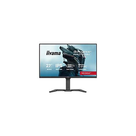 Schwarzer iiyama Monitor mit roter Akzentuierung, Text: 27", IPS, G-MASTER, GB277HSU, G-SYNC, RED EAGLE.
