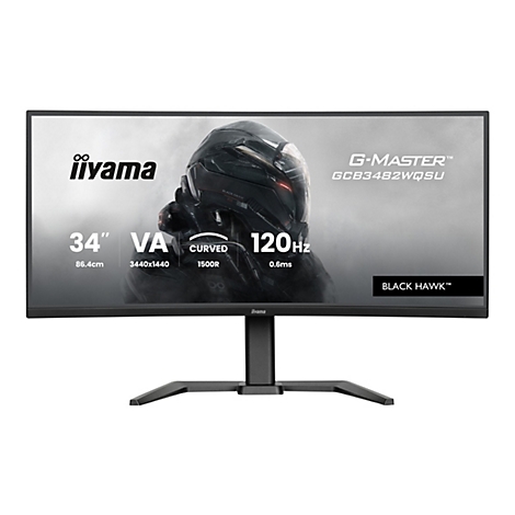 Ein schwarzer, gebogener iiyama Monitor mit der Aufschrift "BLACK HAWK". Auf dem Bildschirm befindet sich eine Grafik. Unterhalb stehen die Angaben 34 Zoll, VA, Curved, 120 Hz.