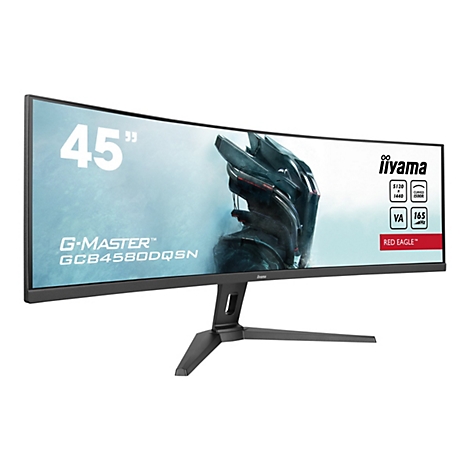 Un écran de gaming incurvé de 45 pouces d'iiyama, nommé G-Master, soutenu par un pied.