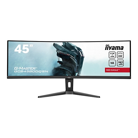 Un large moniteur noir avec un écran incurvé, posé sur un fond blanc. L'écran affiche le texte "45" et le logo "iiyama".