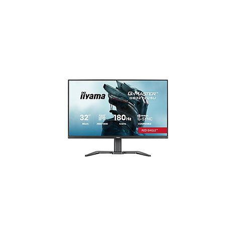 Ein 32-Zoll-Gaming-Monitor von iiyama mit den Schriftzügen G-MASTER, 180 Hz, G-SYNC und RED EAGLE auf dem Bildschirm.