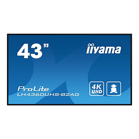 Un moniteur iiyama ProLite de 43 pouces avec logo 4K UHD sur fond bleu.