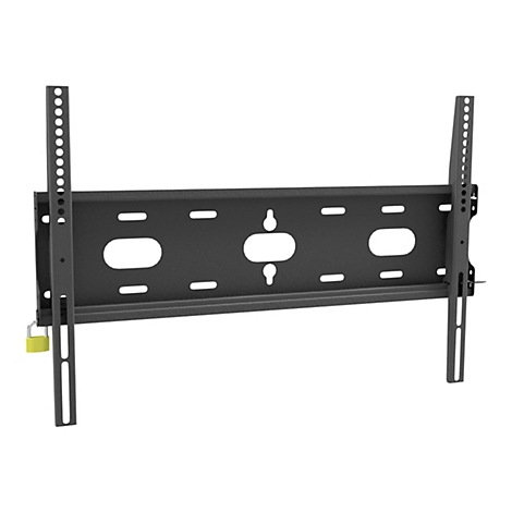 Support mural TV noir, avec une plaque horizontale et deux supports verticaux avec des trous. Un cadenas jaune est suspendu au support inférieur gauche.
