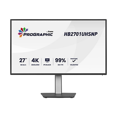Ein schwarzer Computerbildschirm mit weißem Hintergrund. Der Bildschirm zeigt Logo und Produktinformationen, darunter Modellnummer, Größe und technische Daten.