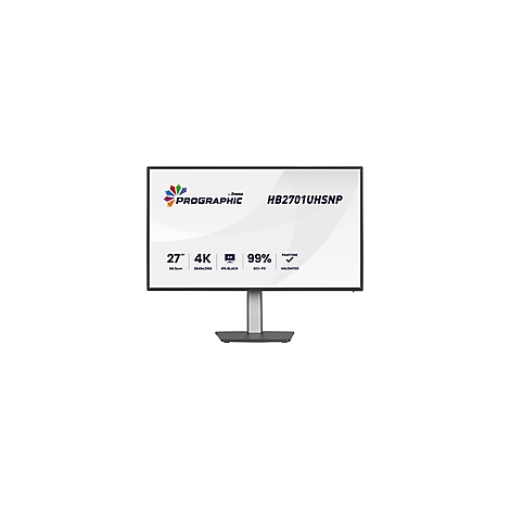 Ein Monitor mit silbernem Standfuß zeigt technische Details wie Größe, Auflösung und Farbgenauigkeit.