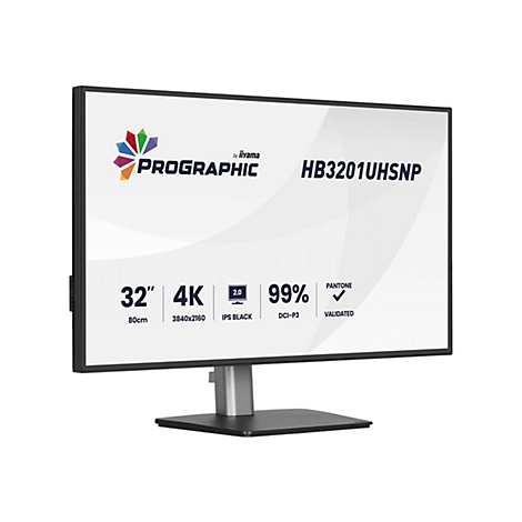 Ein schwarzer Monitor, auf dem Produktinformationen stehen. Auf dem Bildschirm befinden sich Logos und Spezifikationen wie Größe, Auflösung und Farbgenauigkeit.