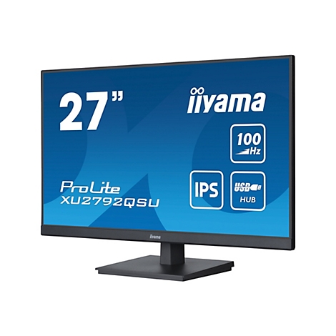 Un moniteur iiyama noir avec un écran bleu affichant "27 pouces". Autres icônes : "100 Hz", "IPS", "USB HUB".