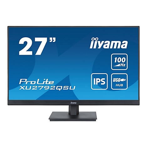 Moniteur iiyama noir et gris avec un écran de 27 pouces, modèle XU2792QSU, affichage bleu, logos.