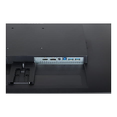 Gros plan de l'arrière d'un moniteur noir. Des ports tels que HDMI, USB et DisplayPort sont visibles.