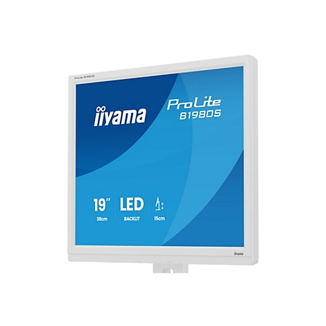 Un moniteur blanc iiyama ProLite B1980S avec un fond bleu et des lettrages blancs. L'écran affiche des informations sur la taille et la technologie.