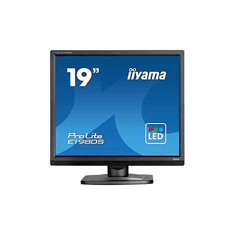 Schwarzer iiyama Monitor mit blauem Bildschirm. Oben steht 19", das Logo und die Modellbezeichnung.