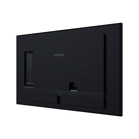 Rückseite eines schwarzen Fernsehers. Gestreifte Textur, Anschlüsse und Öffnungen. Ein Produktfoto, das die Details zeigt.