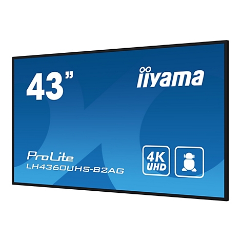 Ein 43 Zoll großer iiyama ProLite Bildschirm. Auf dem blauen Hintergrund sind 4K UHD und ein Symbol für einen Roboter abgebildet.
