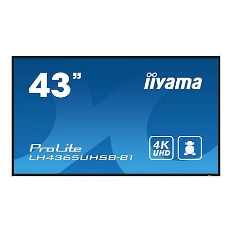 Flachbildschirm mit blauen Hintergrund. Oben steht 43 Zoll, darunter iiyama. Darunter ProLite, LH4365UHSB-B1 und 4K UHD Logo.