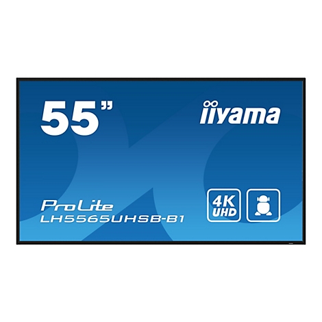 Un téléviseur à écran plat noir avec un fond bleu. L'écran affiche les mots 55" et iiyama. En dessous de ProLite LH5565UHSB-B1.