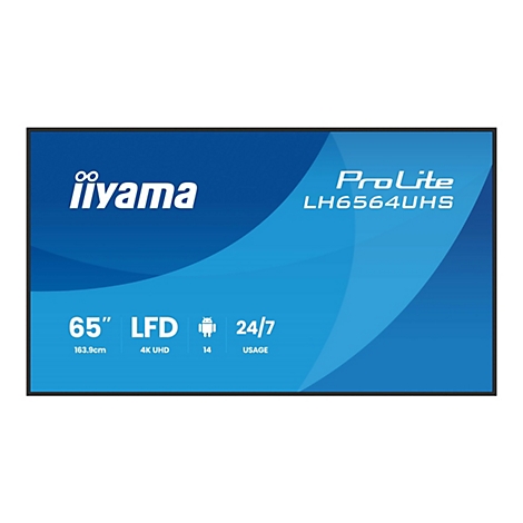 Flachbildschirm von Iiyama, Modell ProLite LH6564UHS, 65 Zoll Bildschirmdiagonale, blaue Oberfläche mit weißen Schriftzügen.