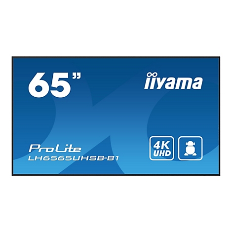 Flachbildschirm mit weißer Schrift, der "65 Zoll" und "iiyama" auf blauem Hintergrund zeigt. Mit "ProLite" und "LH6565UHSB-B1".