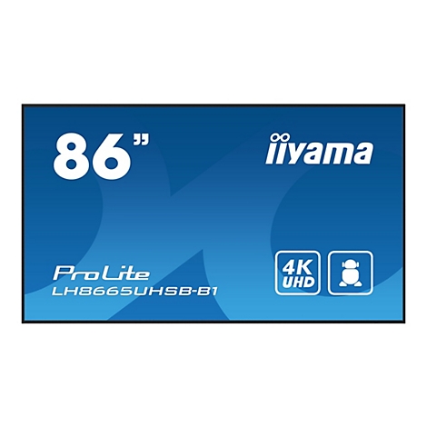 Großer blauer Bildschirm mit weißen Schriftzügen. "86" Zoll. "iiyama" Marke. "ProLite LH8665UHSB-B1", 4K UHD.