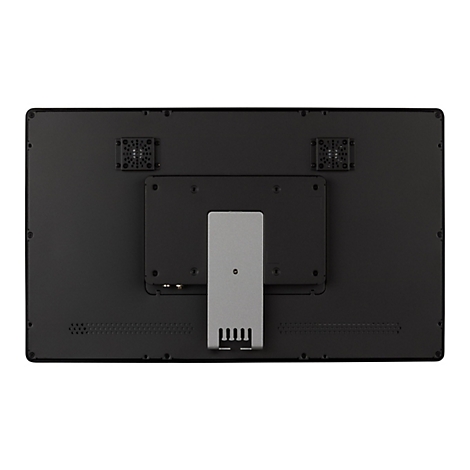 Rückseite eines schwarzen Bildschirms mit Kühlöffnungen, Anschlüssen und einem Metallfuß.