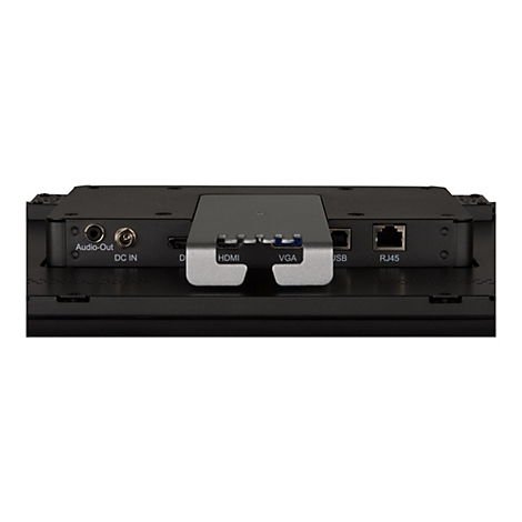 Nahaufnahme der Rückseite eines schwarzen elektronischen Geräts mit verschiedenen Anschlüssen, einschließlich Audio-Out, DC IN, HDMI, USB und RJ45.