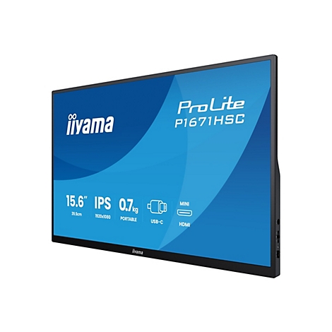 Der iiyama ProLite P1671HSC Monitor wird vor weißem Hintergrund gezeigt. Er hat eine blaue Anzeige, auf der Details und Logos in Weiß angezeigt werden.