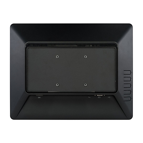 Arrière d'un écran noir, avec une zone de montage centrale, des ports et des commandes.