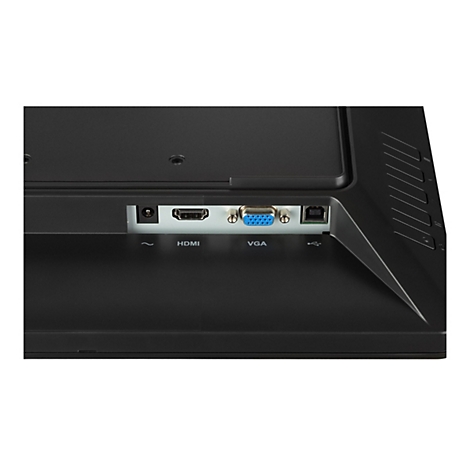 Nahaufnahme der Rückseite eines schwarzen Monitors mit Anschlüssen für HDMI, VGA, USB und Strom.