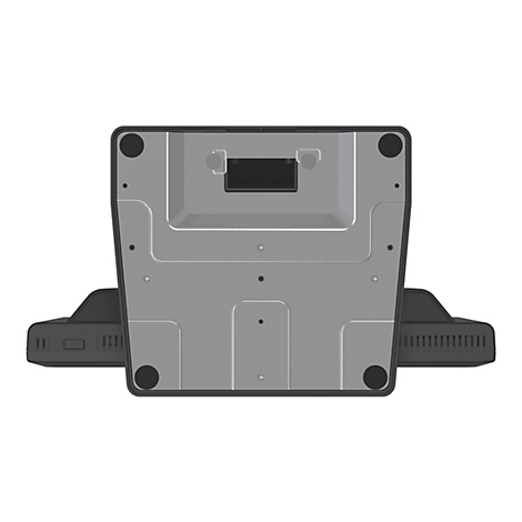 Draufsicht auf die Unterseite eines schwarzen Geräts mit grauer Platte und vier schwarzen Füßen.