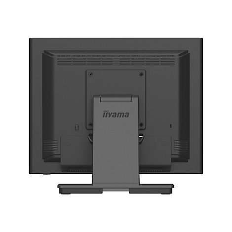 Rückansicht eines dunklen, rechteckigen iiyama-Monitors, der auf einem Ständer steht. Oben mittig das Logo.