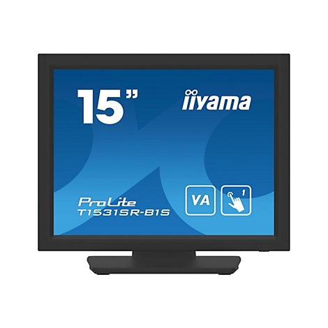 Schwarzer Touchscreen-Monitor mit der Aufschrift 15", iiyama und ProLite. Auf dem Bildschirm befinden sich Symbole.