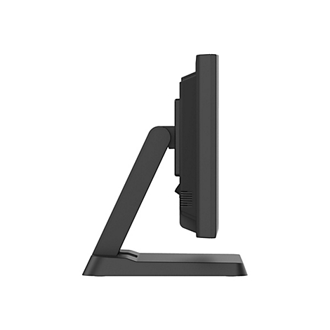 Seitenansicht eines schwarzen Computer-Monitors mit Standfuß auf weißem Hintergrund.