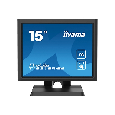 Schwarzer 15-Zoll iiyama ProLite Touchscreen Monitor vor neutralem Hintergrund.