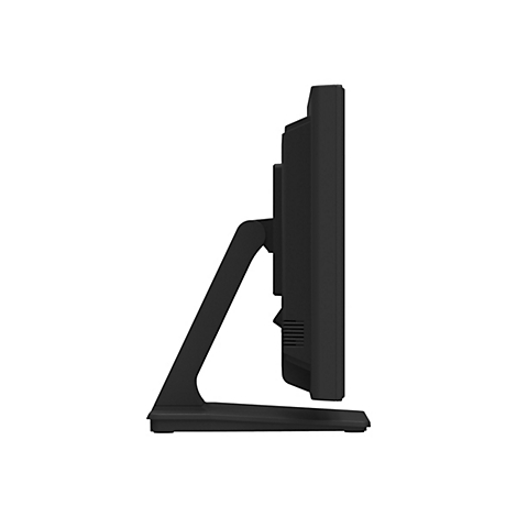 Moniteur noir de profil, avec pied. Le côté de l'écran est visible.