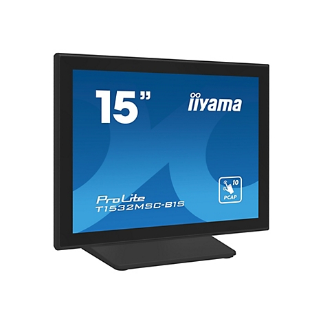 Moniteur à écran tactile noir affichant "15 pouces". L'écran indique "iiyama" et "ProLite T1532MSC-B1S".