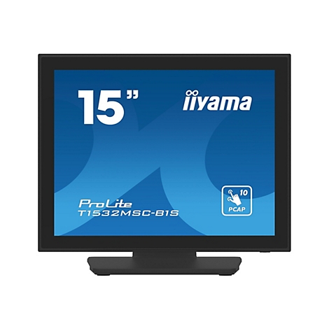 Moniteur tactile à cadre noir, 15", Iiyama ProLite T1532MSC-B1S. Écran bleu avec texte blanc.