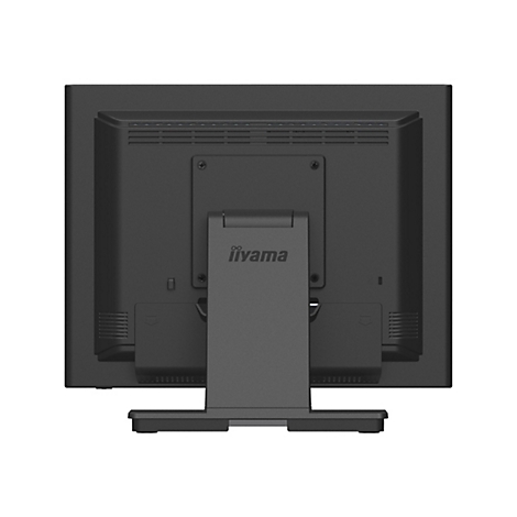 Rückansicht eines schwarzen iiyama-Monitors, das Firmenlogo ist zu sehen, der Standfuß ist ebenfalls zu sehen.