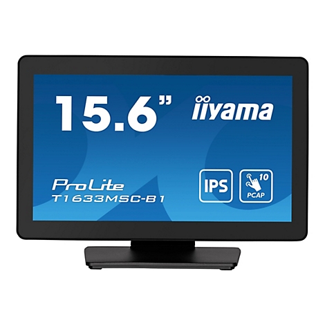 Schwarzer Touchscreen-Monitor mit der Aufschrift 15,6 Zoll, iiyama, ProLite, IPS und PCAP-Touch.