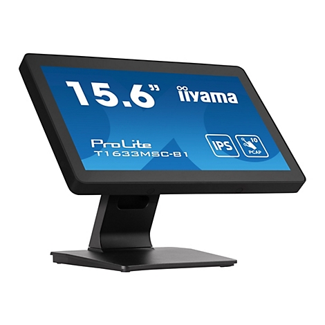 Ein schwarzer Touchscreen-Monitor mit der Aufschrift 15,6 Zoll, iiyama, ProLite, IPS und PCAP. Er steht auf einem schwarzen Fuß.