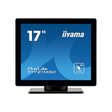 Moniteur à écran tactile noir avec un écran de 17 pouces. L'écran affiche '17 pouces', 'iiyama', 'ProLite T1721MSC' et un logo PCAP.
