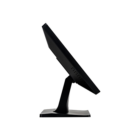 Moniteur d'ordinateur noir de profil, sur fond blanc. Le moniteur repose sur un socle noir.