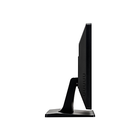 Vue de profil d'un écran noir avec support. L'arrière montre les connexions.