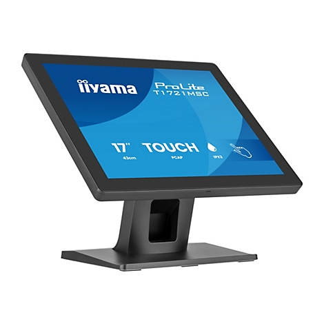 Schwarzer 17-Zoll iiyama Touchscreen-Monitor vor weißem Hintergrund mit blauer Displaygrafik.