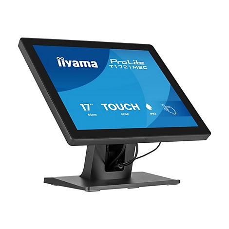Schwarzer 17-Zoll Touchscreen-Monitor von iiyama ProLite vor weißem Hintergrund.