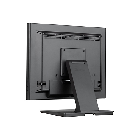 Rückansicht eines schwarzen Computerbildschirms mit Standfuß. Das Iiyama-Logo ist sichtbar.