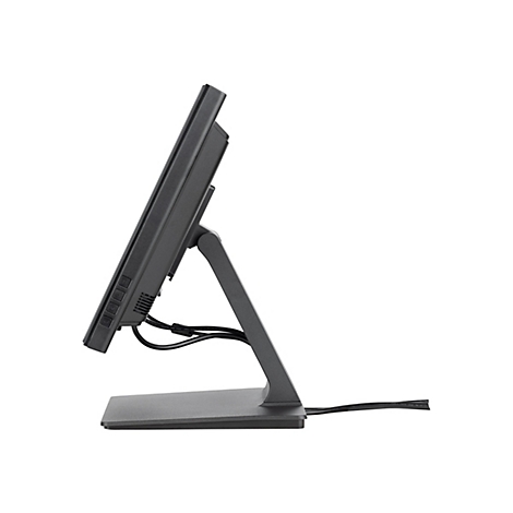 Ein grauer Monitor von der Seite, der auf einem grauen Ständer steht. Die Rückseite hat Knöpfe. Kabel führen zum Ständer.