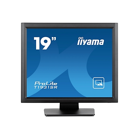 Ein 19-Zoll-Monitor der Marke iiyama, ProLite T1931SR, vor blauem Hintergrund. Das Display ist rechteckig und schwarz umrandet.
