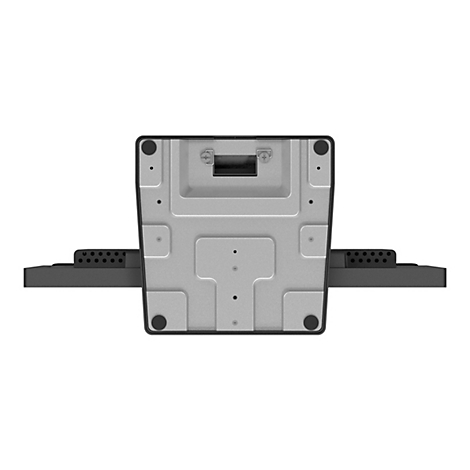 Draufsicht auf die Unterseite eines schwarzen Monitors. Zwei flache Arme, mit Luftschlitzen, gehen von beiden Seiten weg. Das Gehäuse ist grau.