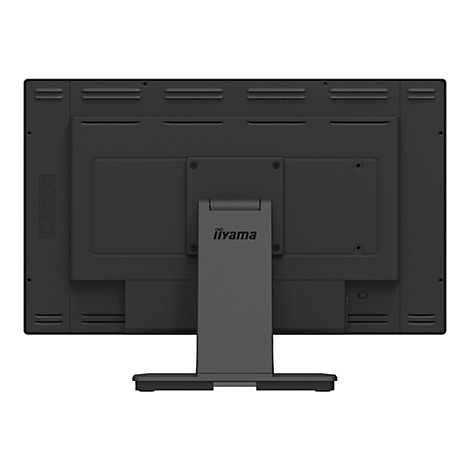Rückseite eines schwarzen iiyama-Monitors. Es sind Lüftungsschlitze, eine Halterung mit Logo und Anschlüsse zu sehen.
